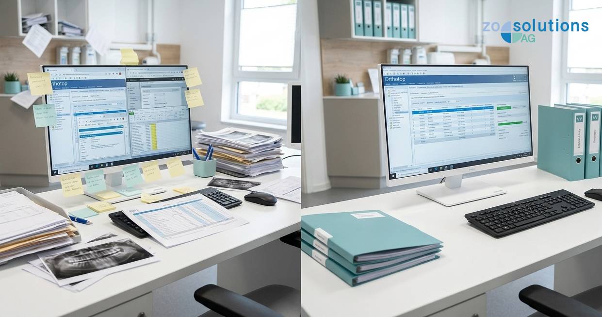 Linke Seite: chaotischer Schreibtisch mit verstreuten Papierunterlagen, unübersichtlichen Ausdrucken und überfülltem Monitor (Unordnung ohne Zosolutions). Rechte Seite: derselbe Arbeitsplatz aufgeräumt mit klarer digitaler Abrechnungssoftware, strukturierten Ordnern und übersichtlichem Bildschirm (Ordnung mit Zosolutions).