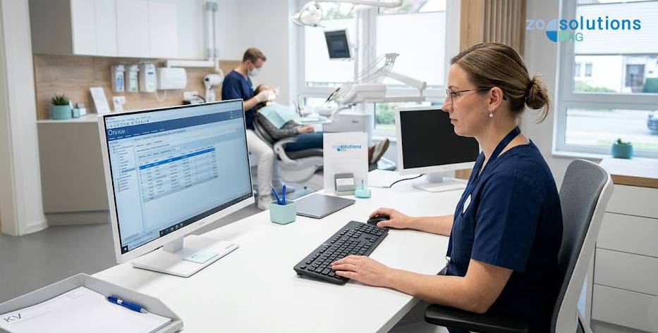 Kieferorthopäde im Hintergrund, im Vordergrund Assistentin bei der KFO Bema Abrechnung
